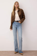 Trendyolmilla Mavi Yırtmaç Detaylı Yüksek Bel Comfort/Esnek Flare İspanyol Paça Jeans TWOAW26JE00022