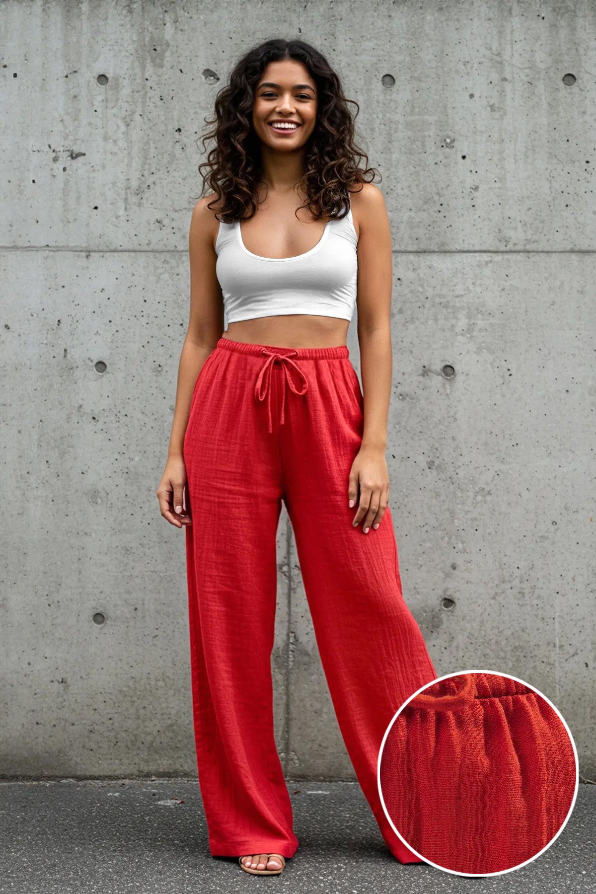 Trendyolmilla Vizon Müslin Beli Lastikli İnce Kumaş Wide Leg/Geniş Paça Dokuma Pantolon TWOSS25PL00067