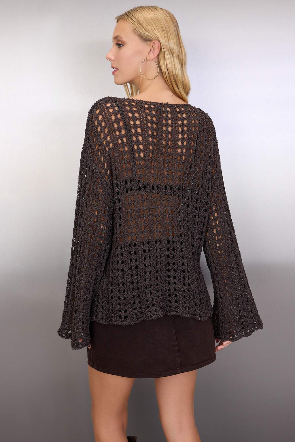 Kahverengi Özel İplik Ajurlu/Delikli Kayık Yaka Triko Kazak TWOAW26KZ00193