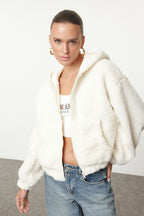 Ekru Peluş Regular/Normal Kalıp Kapüşonlu Fermuarlı Kalın Örme Sweatshirt TWOAW25SW00238