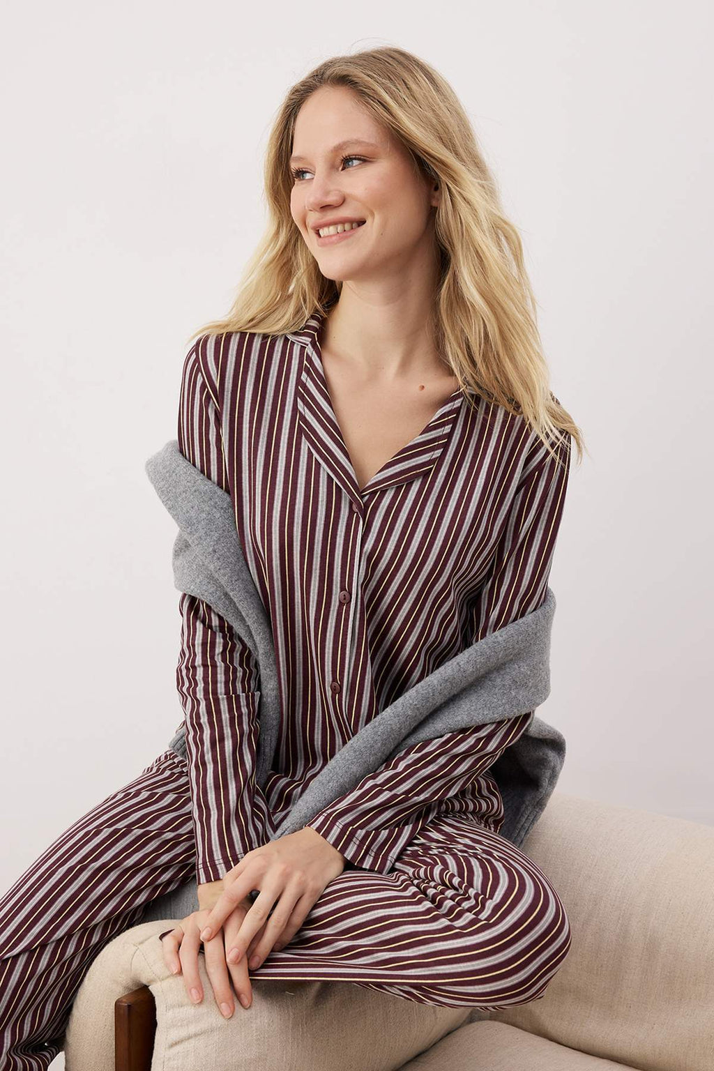 Trendyolmilla Pembe %100 Pamuklu Çizgili Gömlek-Pantolon Örme Pijama Takımı THMAW24PT00144