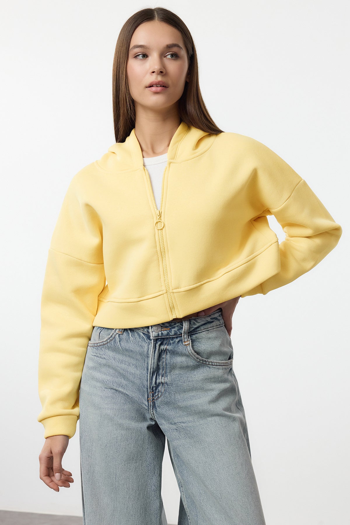 Trendyolmilla Açık Sarı Fermuarlı Kapüşonlu Rahat Kesim Crop Kalın İçi Polarlı Örme Sweatshirt TWOAW20SW0660 Main image