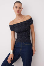 Siyah Taş Baskılı Carmen Yaka Örme Sandy Party Bluz TPRSS25BZ00055