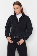 Antrasit Eskitme/Soluk Efektli Rahat Kesim Crop Kalın İçi Polarlı Örme Sweatshirt TWOAW24SW00243