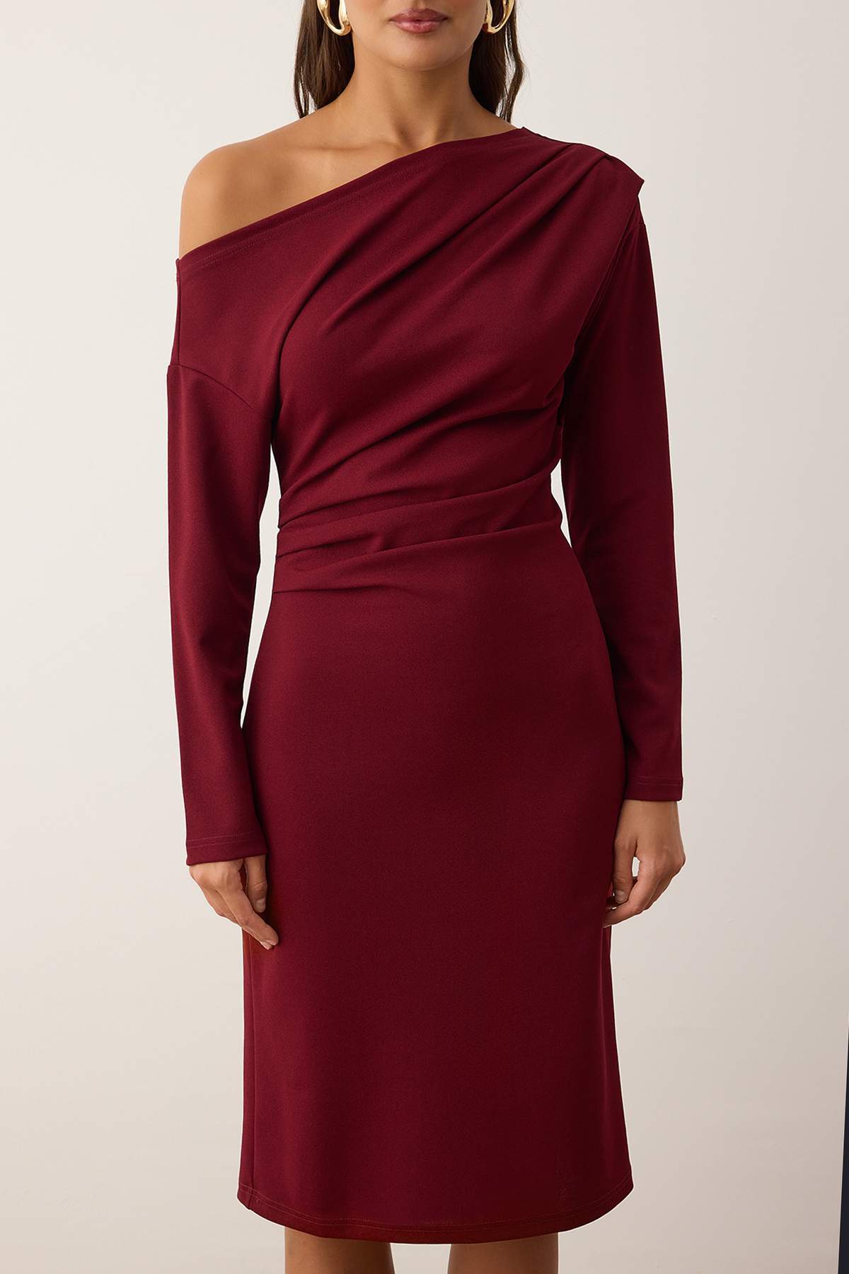 Trendyolmilla Bordo Düz Midi Asimetrik Yaka Örme Elbise TWOAW26EL00106