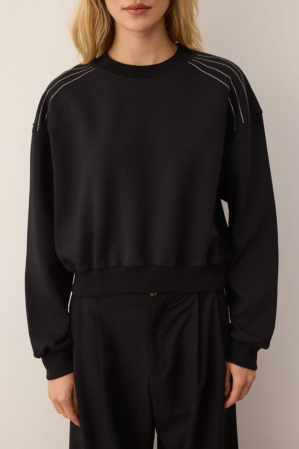 Siyah Soft Touch Şerit Taş Akseusar Detaylı Bisiklet Yaka Örme Sweatshirt TWOAW26SW00224
