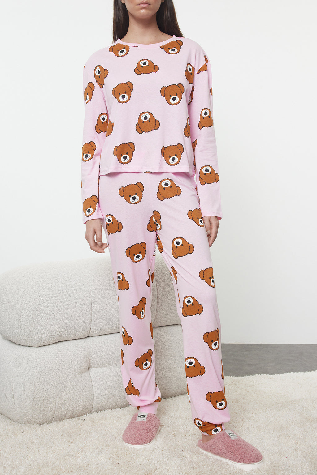 Trendyolmilla Haki %100 Pamuklu Ayıcıklı Desenli Örme Pijama Takımı THMAW23PT00514