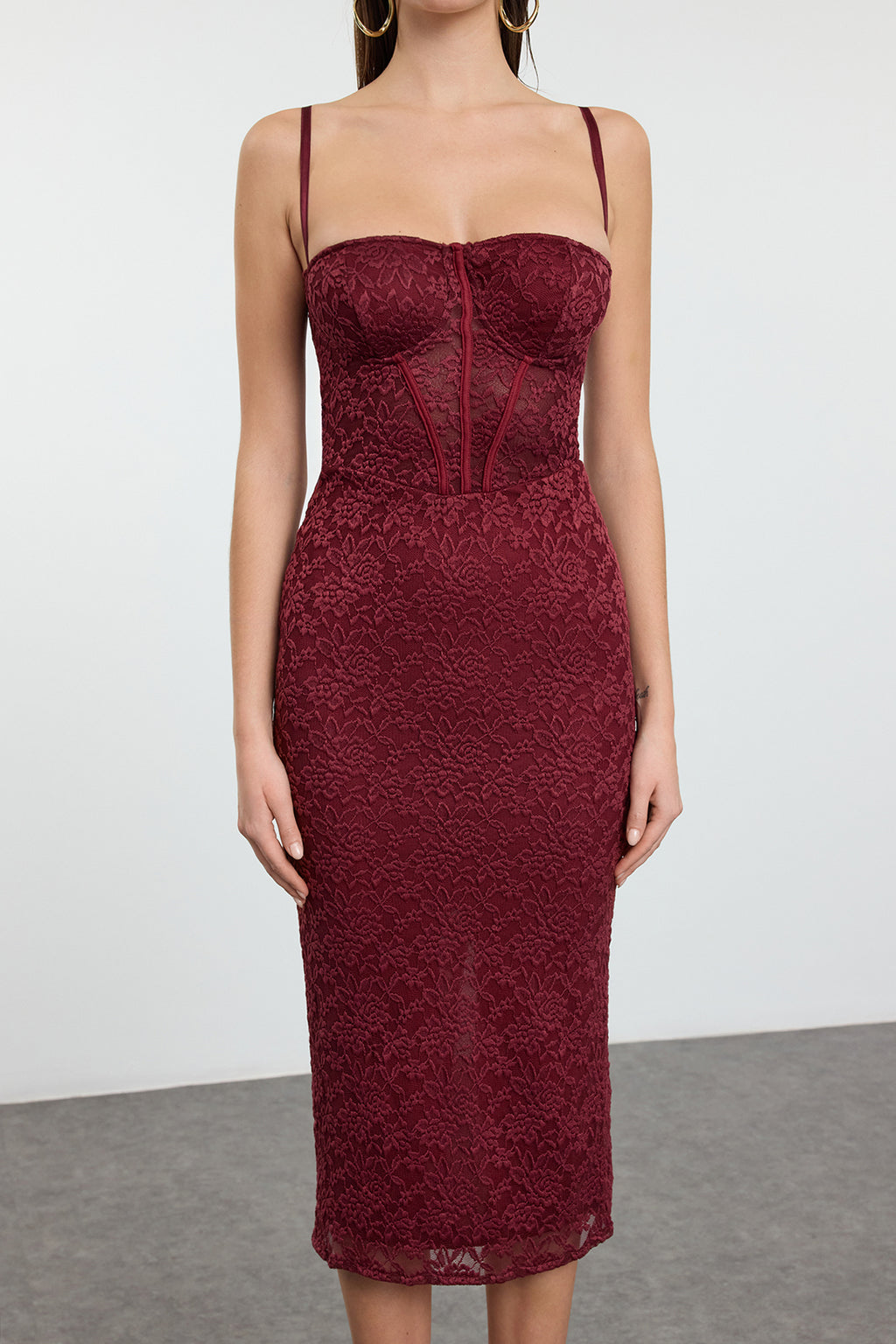 Trendyolmilla Bordo Astarlı Dantel Örme Midi Abiye Gece Mezuniyet Elbisesi TPRAW25EL00120
