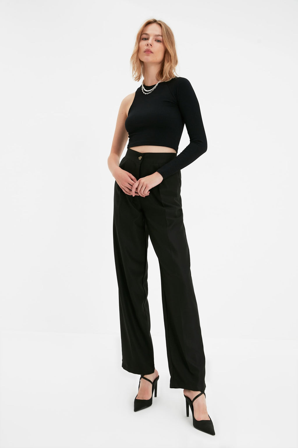 Siyah Straight/Düz Kesim Dokuma Kumaş Pantolon TWOAW22PL0321