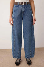 Trendyolmilla Ekru Kahverengi Kemerli Dikiş Detaylı Yüksek Bel Barrel Baggy Jeans TWOSS25JE00182