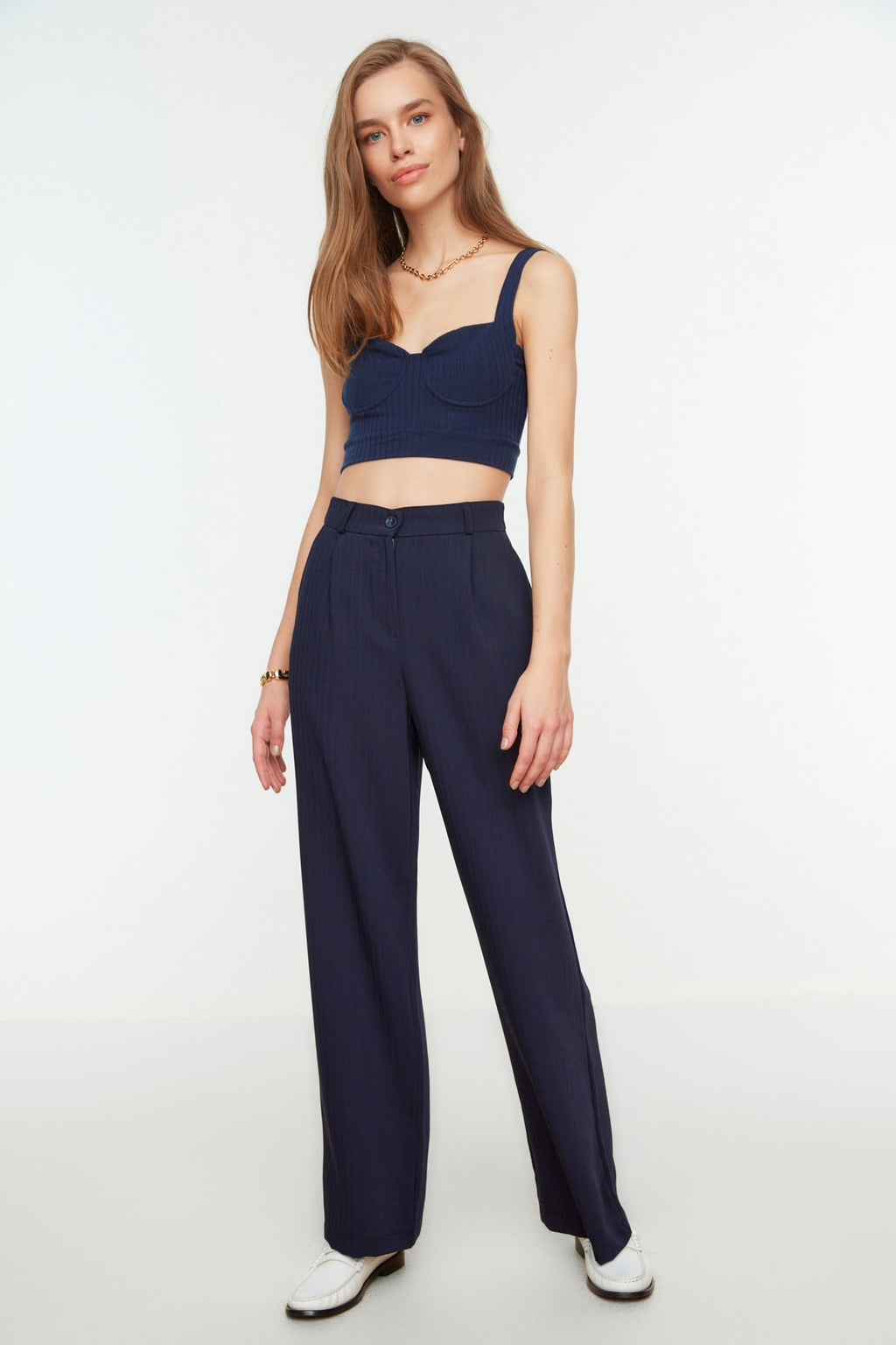 Lacivert Yüksek Bel Wide Leg/Geniş Paça Çizgili Dokuma Pantolon TWOSS22PL0100