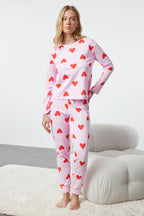 Trendyolmilla Kadın Mini Me/Anne Kız Pembe %100 Pamuklu Kalpli Örme Pijama Takımı THMAW21PT0566