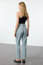 Trendyolmilla Haki Paçası Kesikli Yüksek Bel Straight Jeans TWOAW25JE00307