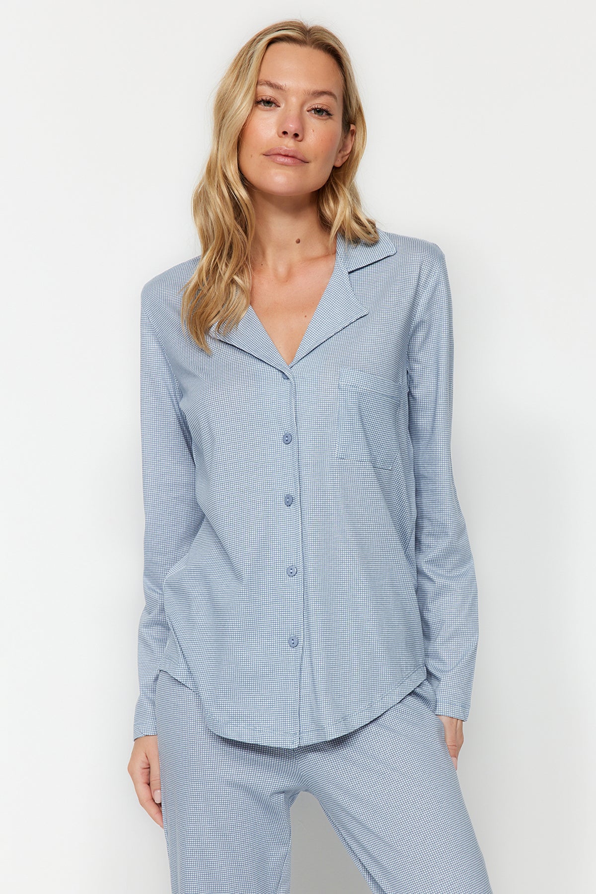 Trendyolmilla Mavi %100 Pamuklu Pötikareli Örme Pijama Takımı THMAW24PT00247