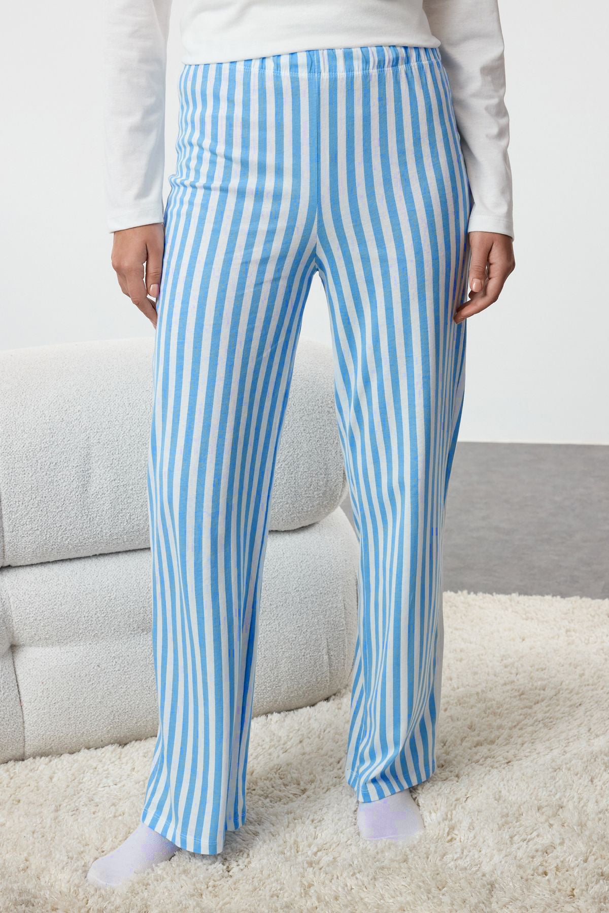 Trendyolmilla Mint %100 Pamuklu Çizgili Ayıcıklı Örme Pijama Takımı THMAW25PT00171