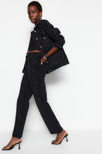 Trendyolmilla Kahverengi Taşlı Yüksek Bel Wide Leg Jeans TWOAW23JE00442