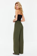 Trendyolmilla Haki Wide Leg/Geniş Paça Beli Lastikli Dokuma Pantolon TWOSS22PL00024