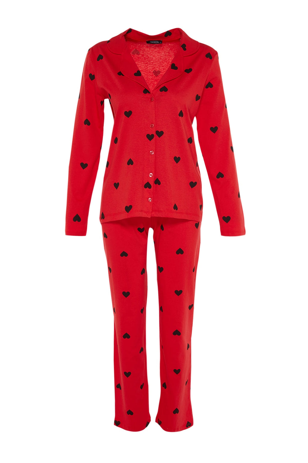 Trendyolmilla Kırmızı %100 Pamuklu Kalpli Örme Pijama Takımı THMAW21PT0548