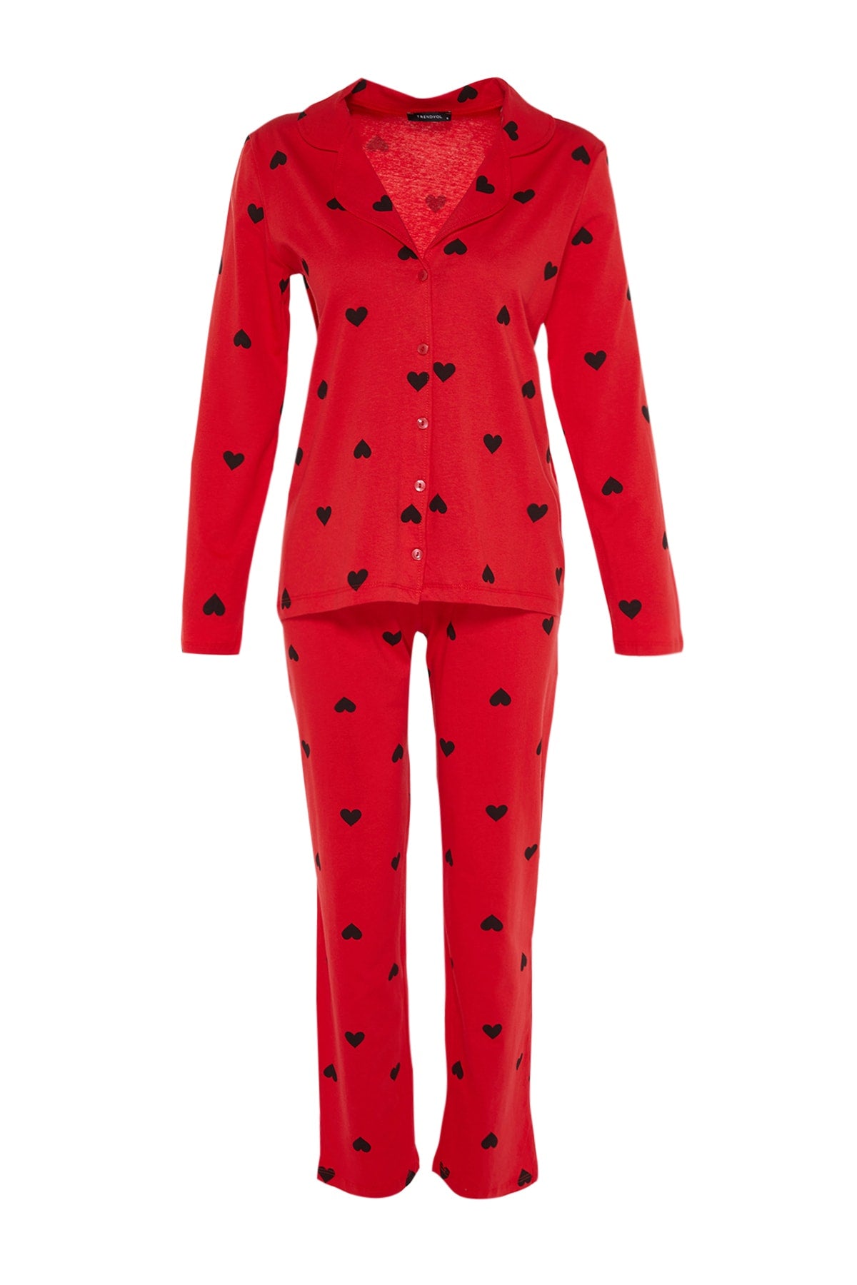 Trendyolmilla Kırmızı %100 Pamuklu Kalpli Örme Pijama Takımı THMAW21PT0548