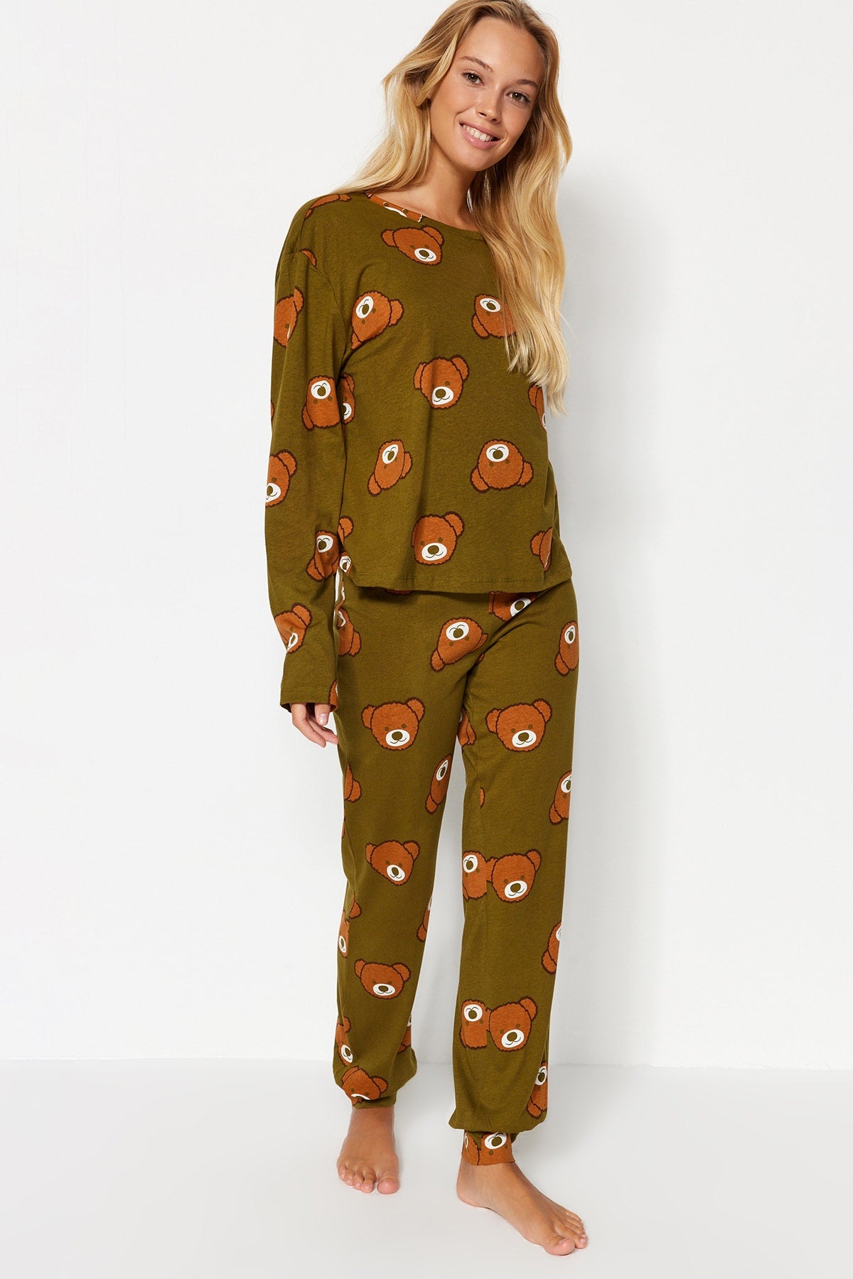 Trendyolmilla Haki %100 Pamuklu Ayıcıklı Desenli Örme Pijama Takımı THMAW23PT00514 Secondary image