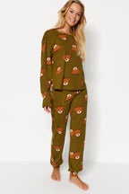 Trendyolmilla Haki %100 Pamuklu Ayıcıklı Desenli Örme Pijama Takımı THMAW23PT00514