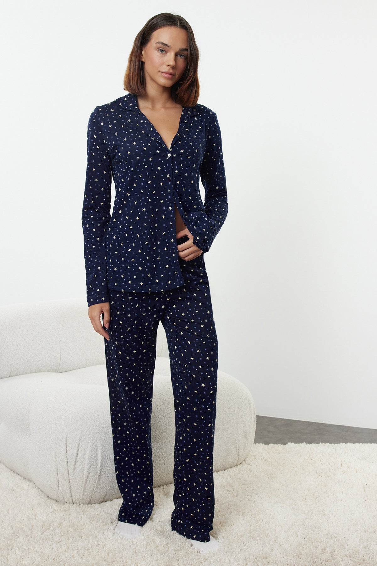 Trendyolmilla Lacivert %100 Pamuklu Galaksi Desenli Örme Pijama Takımı THMAW25PT00097 Secondary image