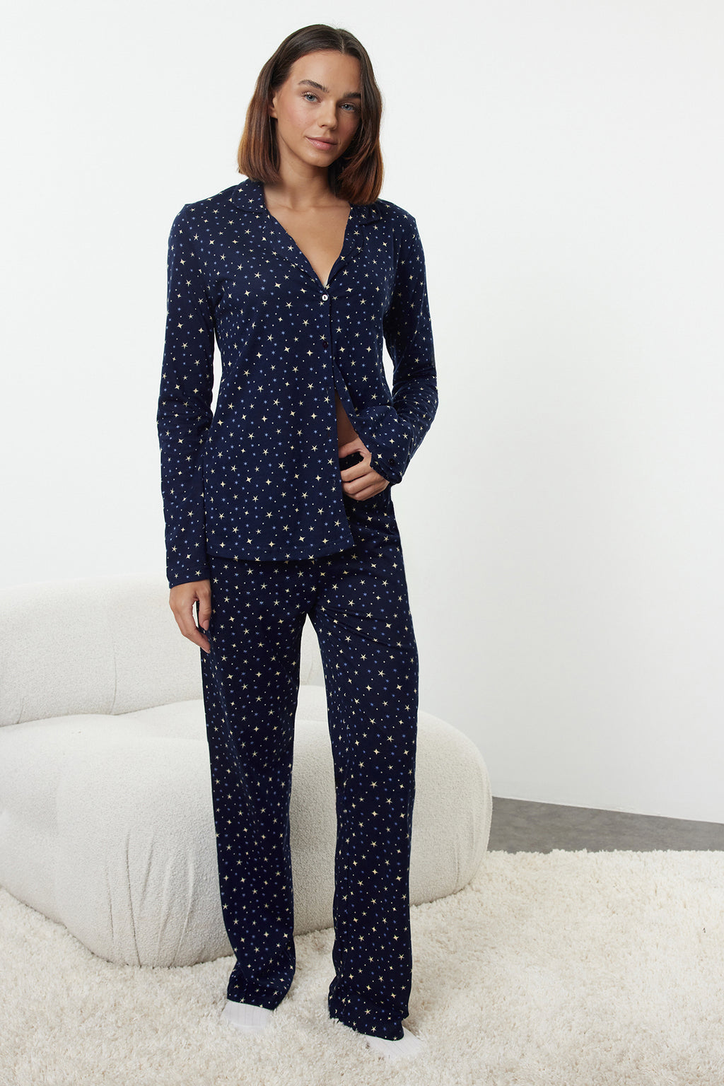 Trendyolmilla Lacivert %100 Pamuklu Galaksi Desenli Örme Pijama Takımı THMAW25PT00097