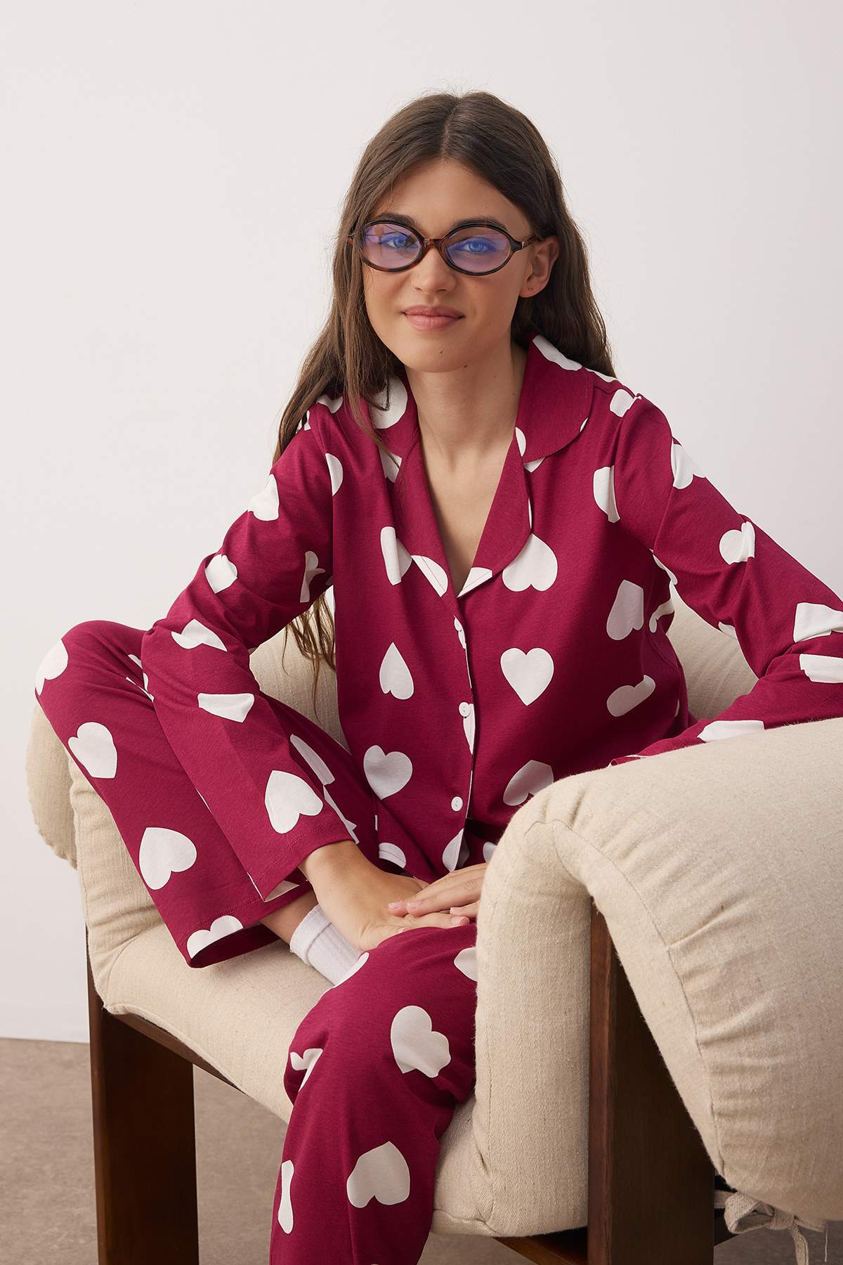 Trendyolmilla Mürdüm %100 Pamuklu Kalpli Gömlek-Pantolon Örme Pijama Takımı THMAW24PT00253 Main image