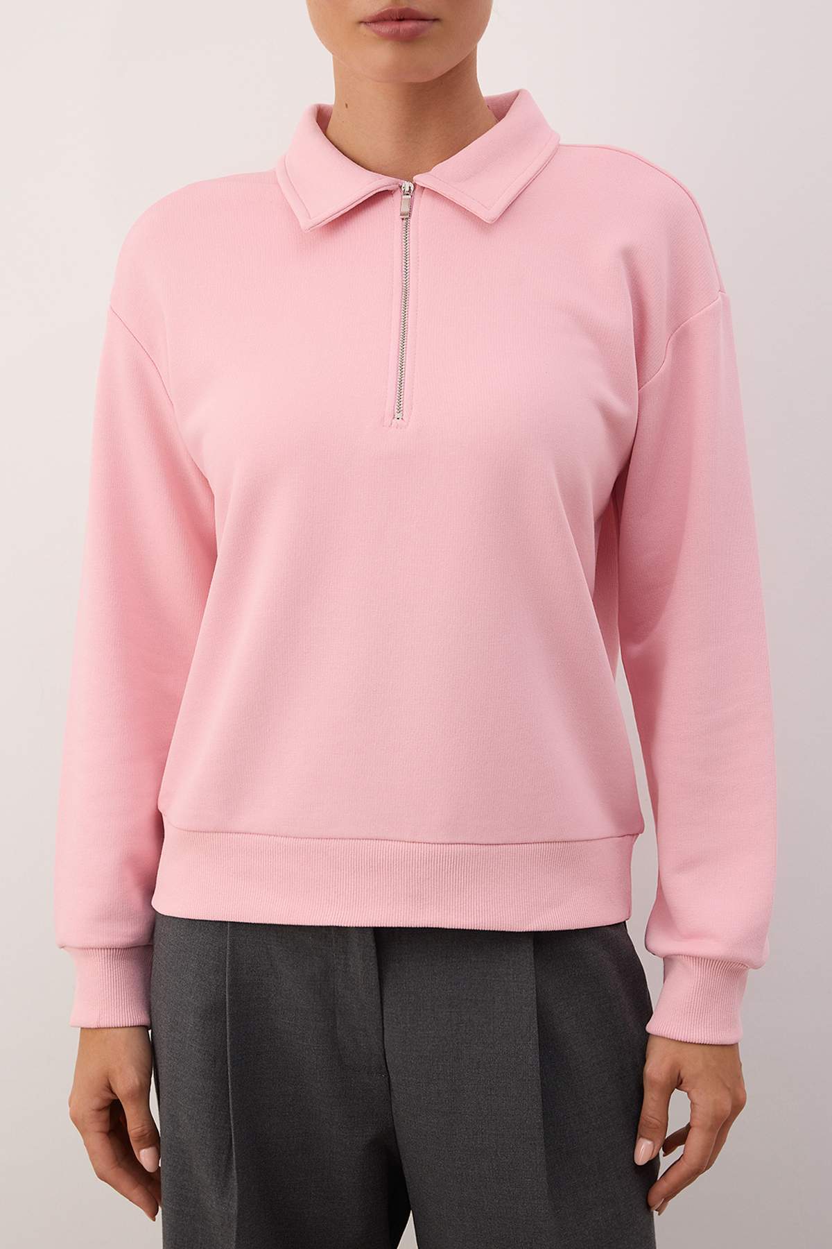 Açık Pembe Yarım Pat Fermuarlı Regular/Normal Kalıp Örme Sweatshirt TWOAW26SW00108