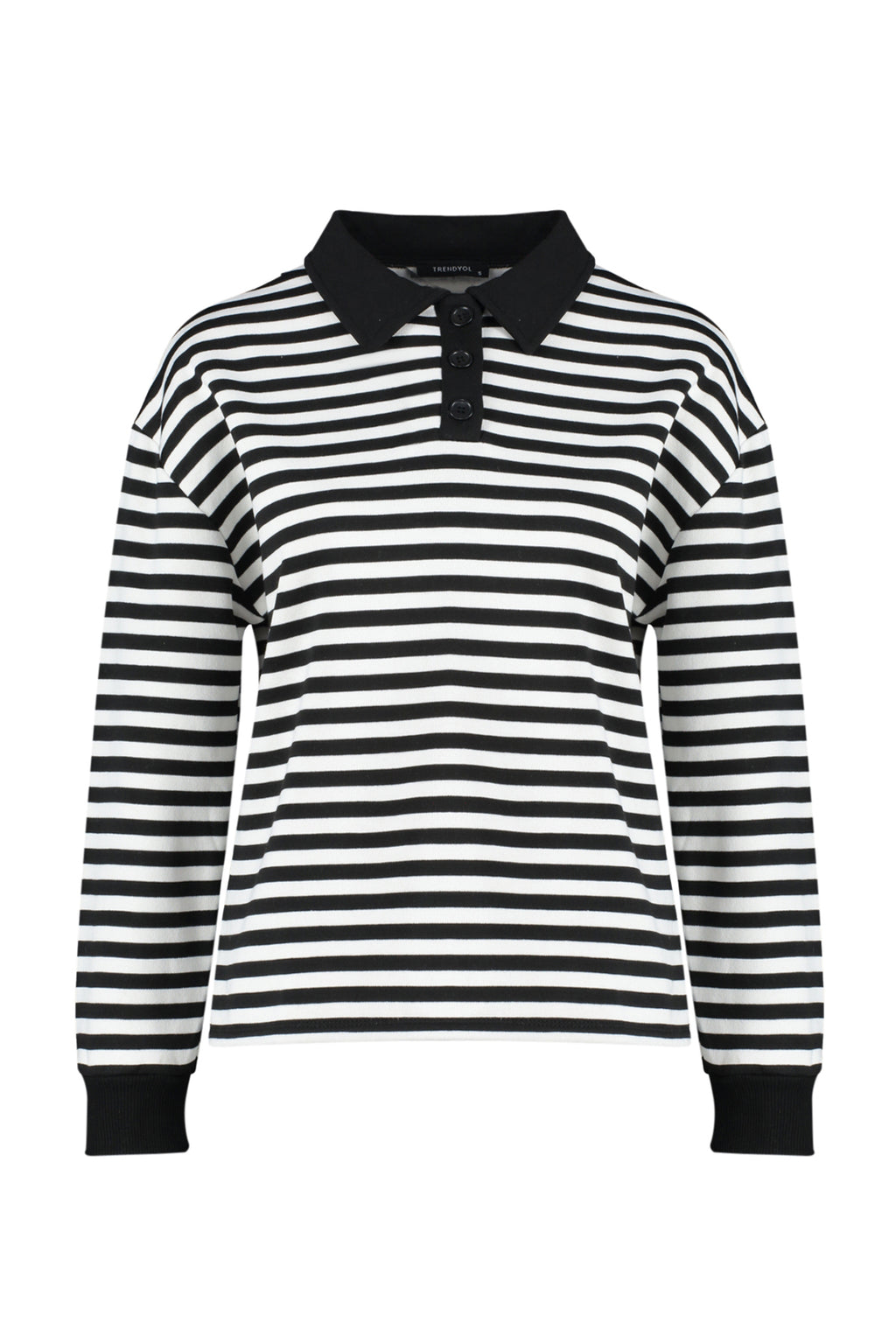 Siyah Çizgili Polo Yaka Kalın İçi Polarlı Oversize Örme Sweatshirt TWOAW24SW00344