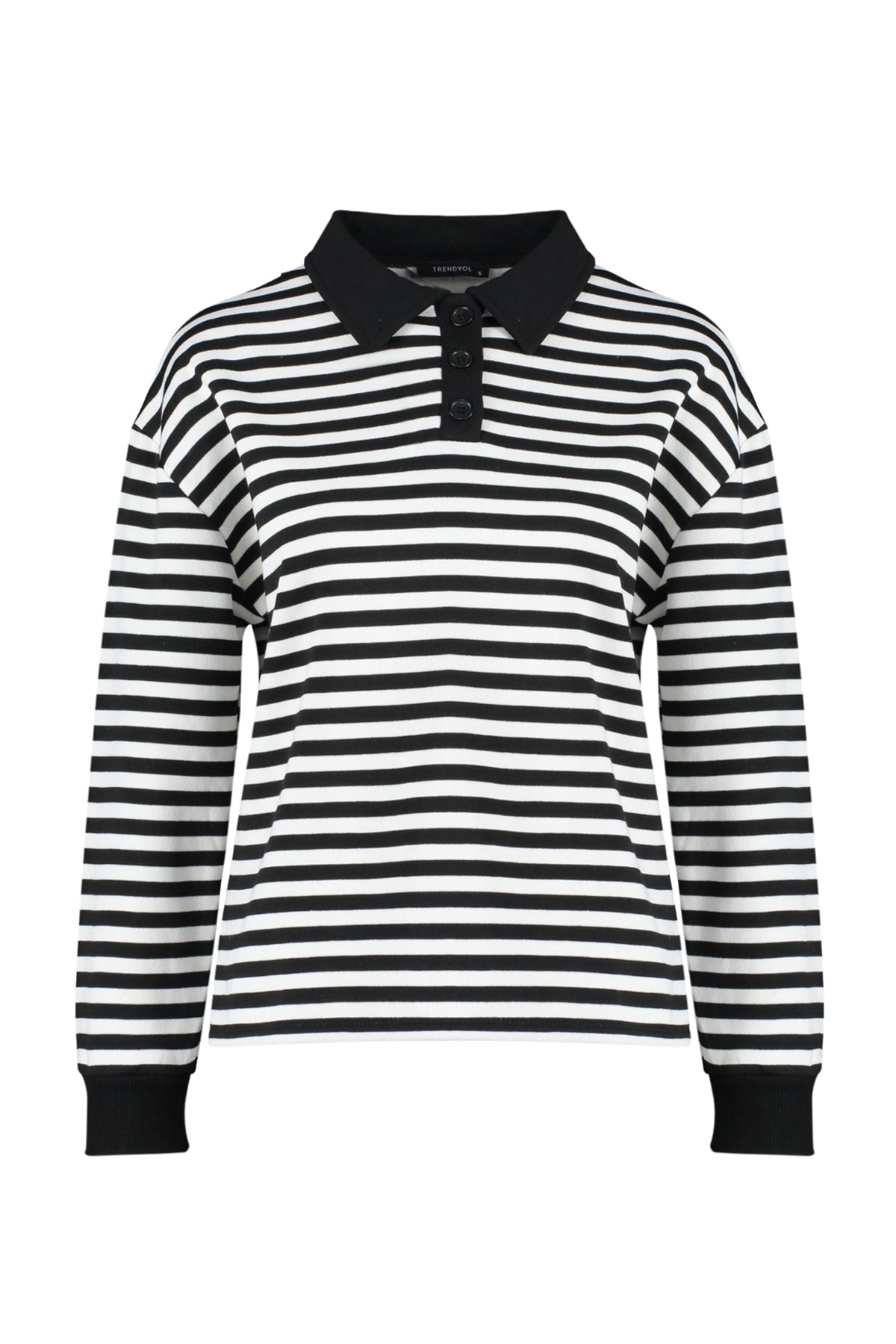 Siyah Çizgili Polo Yaka Kalın İçi Polarlı Oversize Örme Sweatshirt TWOAW24SW00344