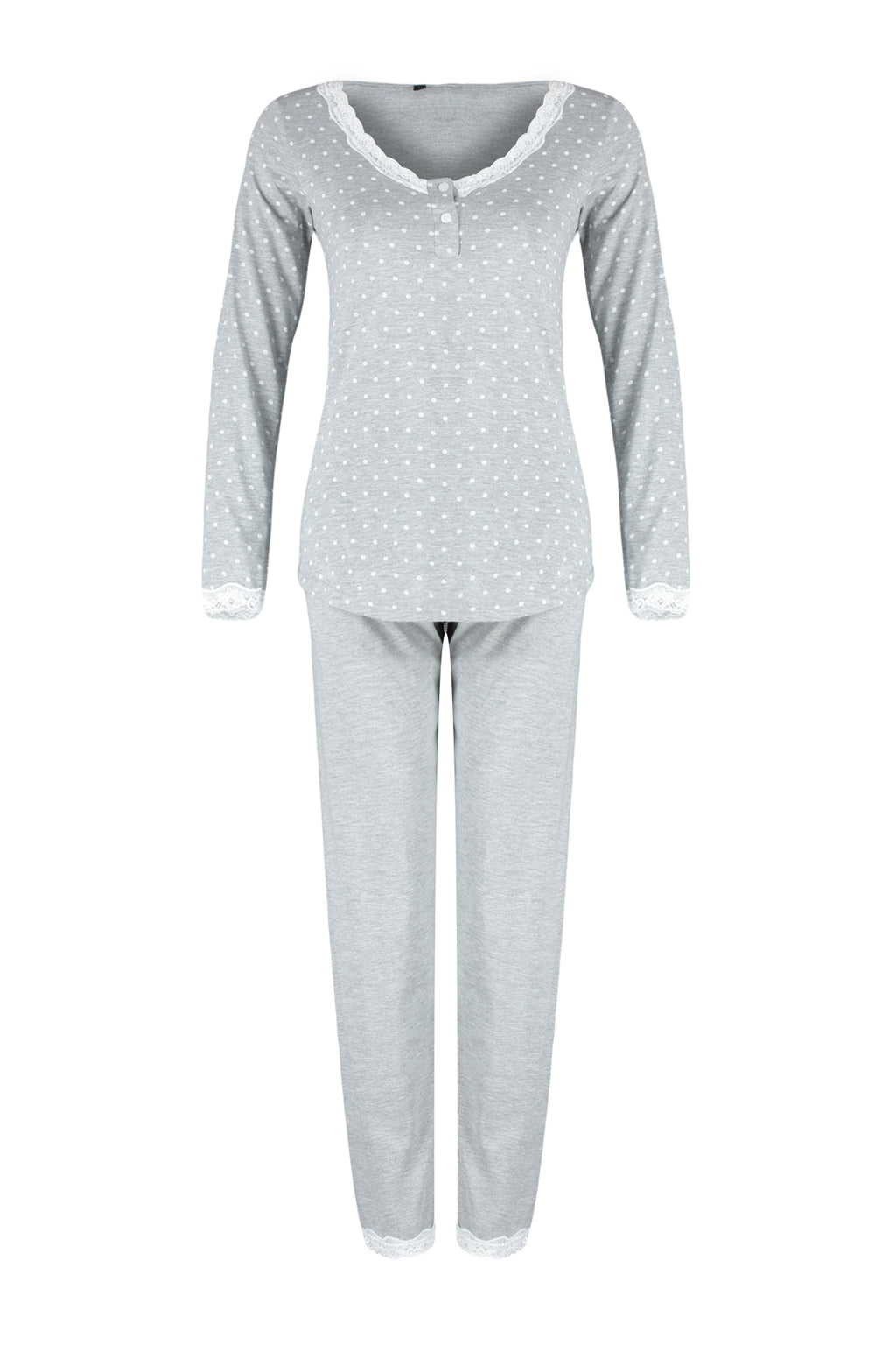 Gri Puantiyeli Dantelli Tshirt-Pantolon Örme Pijama Takımı THMAW24PT00182