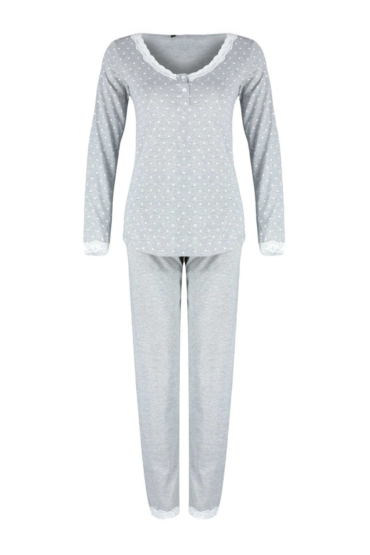 Gri Puantiyeli Dantelli Tshirt-Pantolon Örme Pijama Takımı THMAW24PT00182