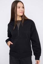 Trendyolmilla Teen Siyah Kapüşonlu Kalın İçi Polarlı Yarım Pat Fermuarlı Cepli Örme Sweatshirt TWOAW26SW00160