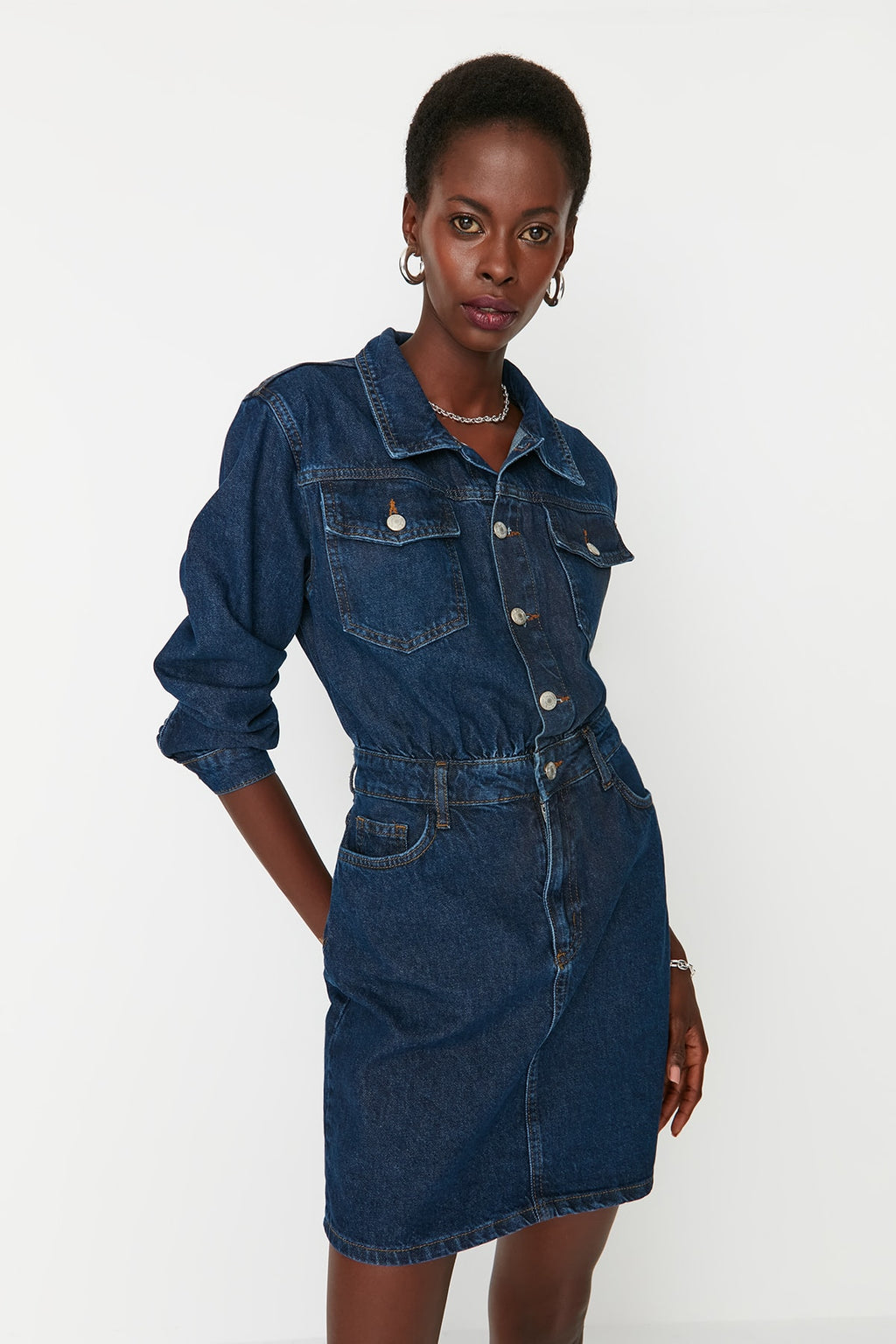 Mavi Cep Detaylı Mini Denim Gömlek Elbise TWOAW23EL00643