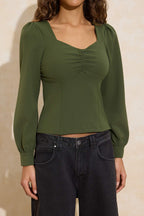 Trendyolmilla Haki Büzgü Detaylı Dokuma Bluz TWOAW23BZ00633 B