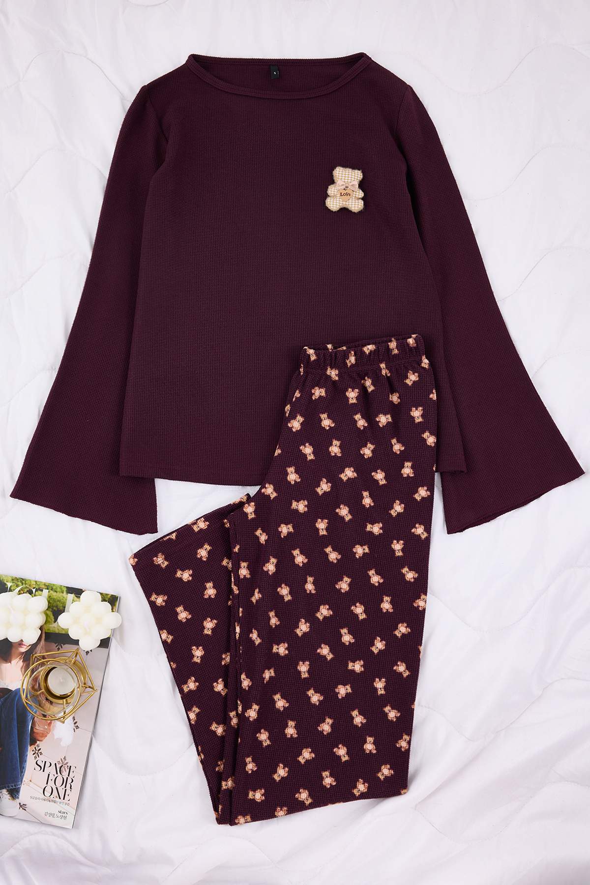 Trendyolmilla Bordo Kurdele/Fiyonklu Yumuşak Kışlık Waffle Örme Pijama Takımı THMAW26PT00187