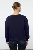 Lacivert Dokuma Detaylı Relaxed/Rahat Kalıp Kalın İçi Polarlı Örme Sweatshirt TWOAW25SW00079