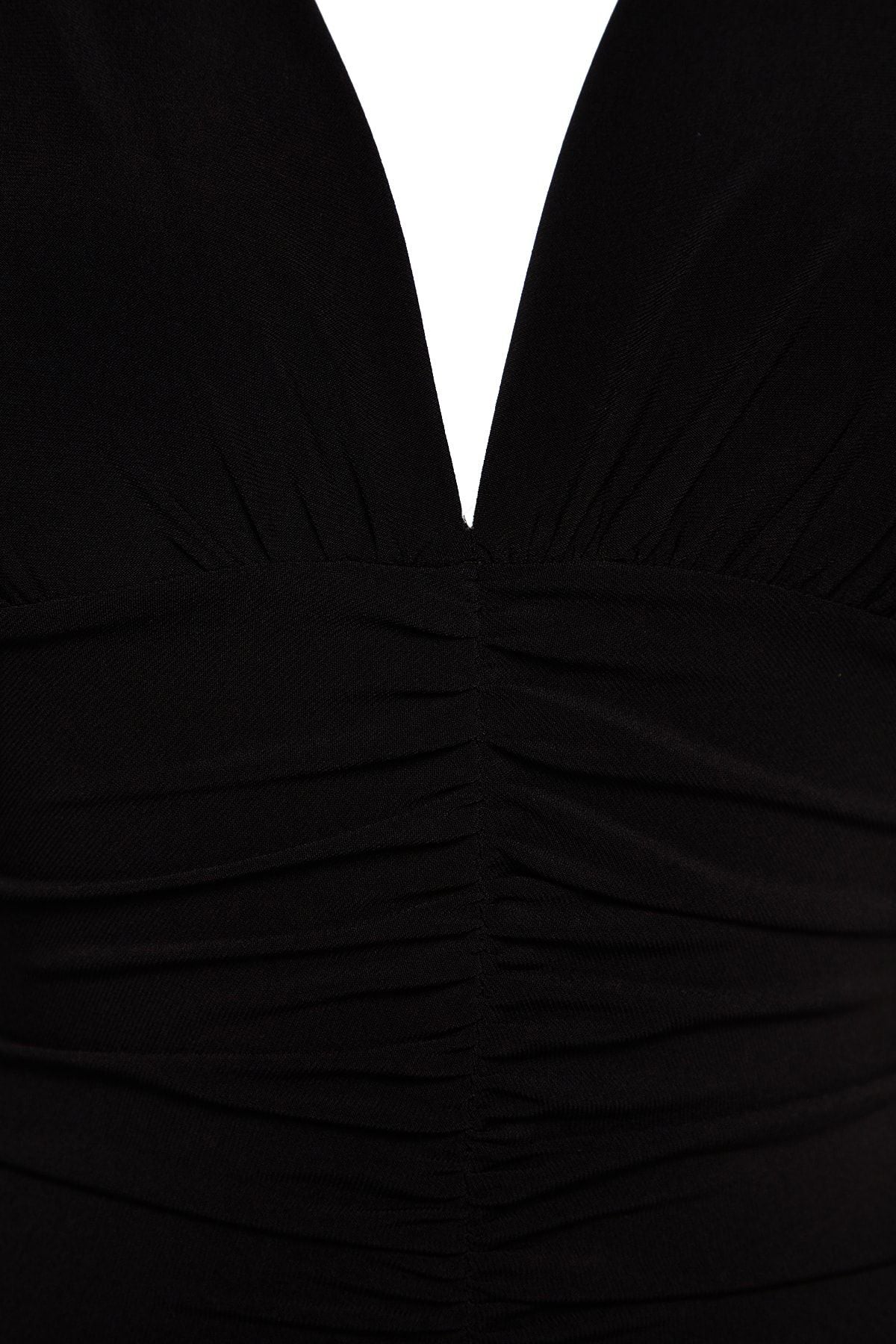 Trendyolmilla Gül Kurusu Düz Büzgülü Midi Drapeli V Yaka Fitted/Vücuda Oturan Esnek Örme Elbise TWOAW24EL00197