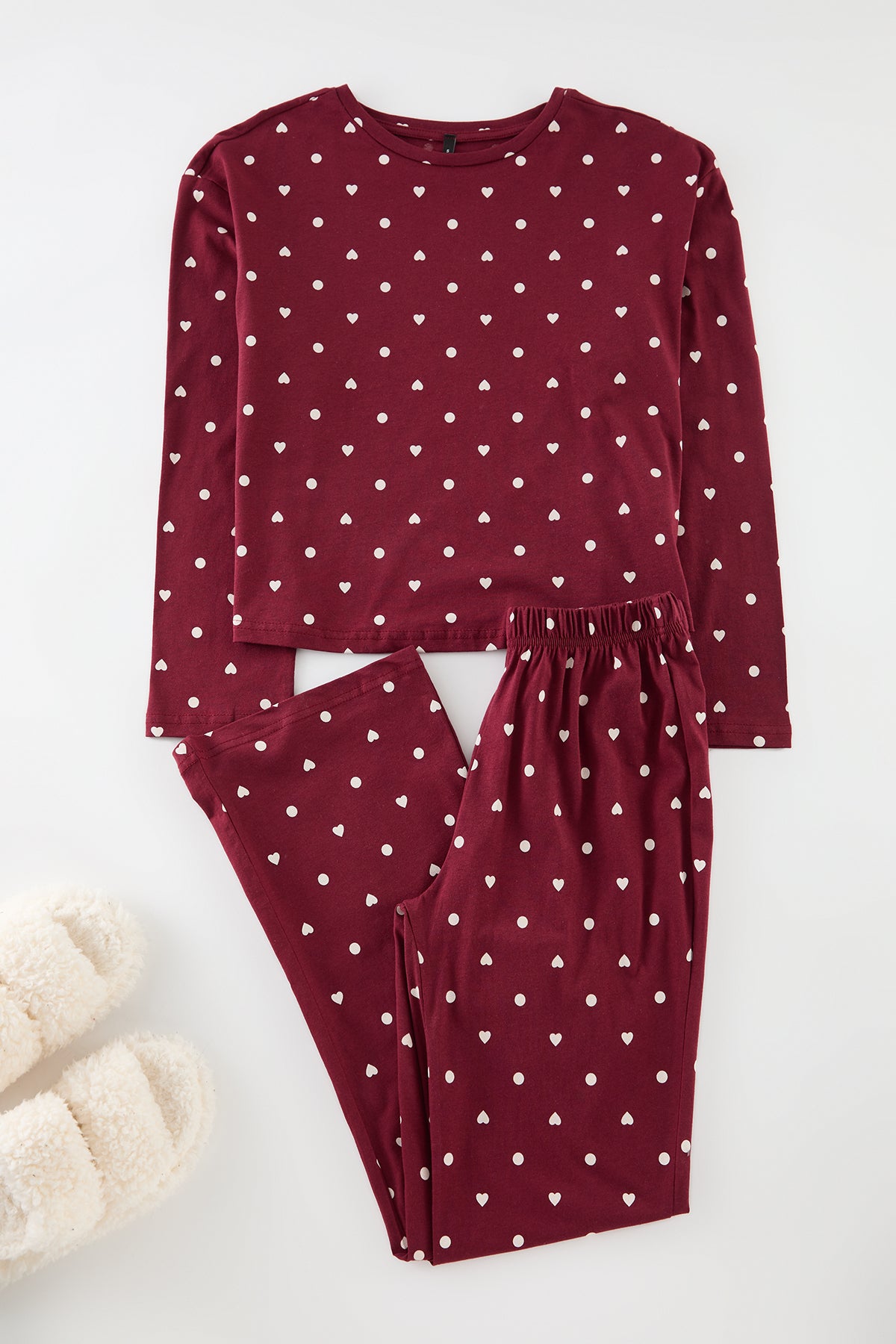 Trendyolmilla Kahverengi %100 Pamuklu Puantiye ve Kalpli Örme Pijama Takımı THMAW25PT00039