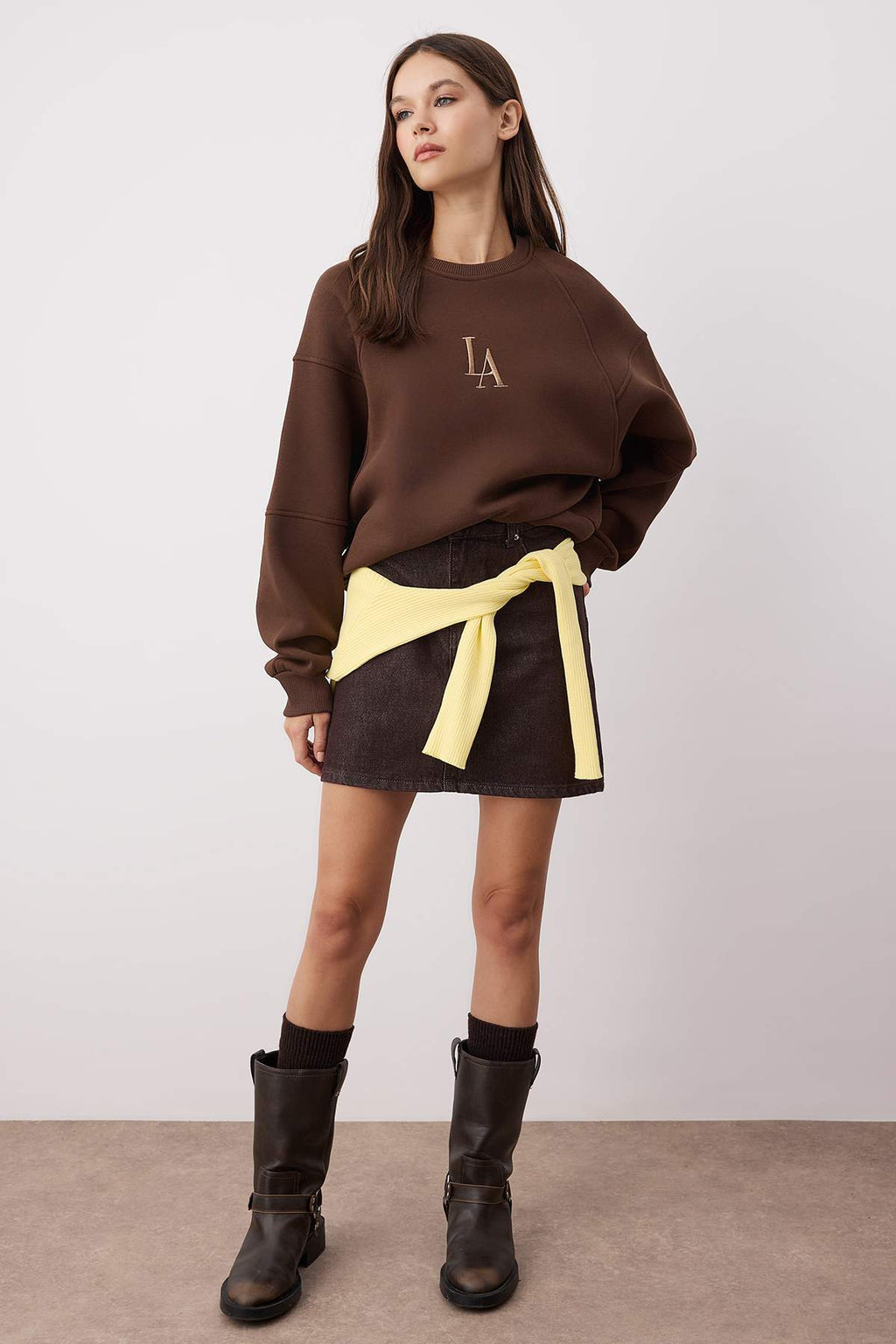 Trendyolmilla Taş Bisiklet Yaka Regular Fit Nakışlı Kalın İçi Polarlı Örme Sweatshirt TWOAW24SW00199
