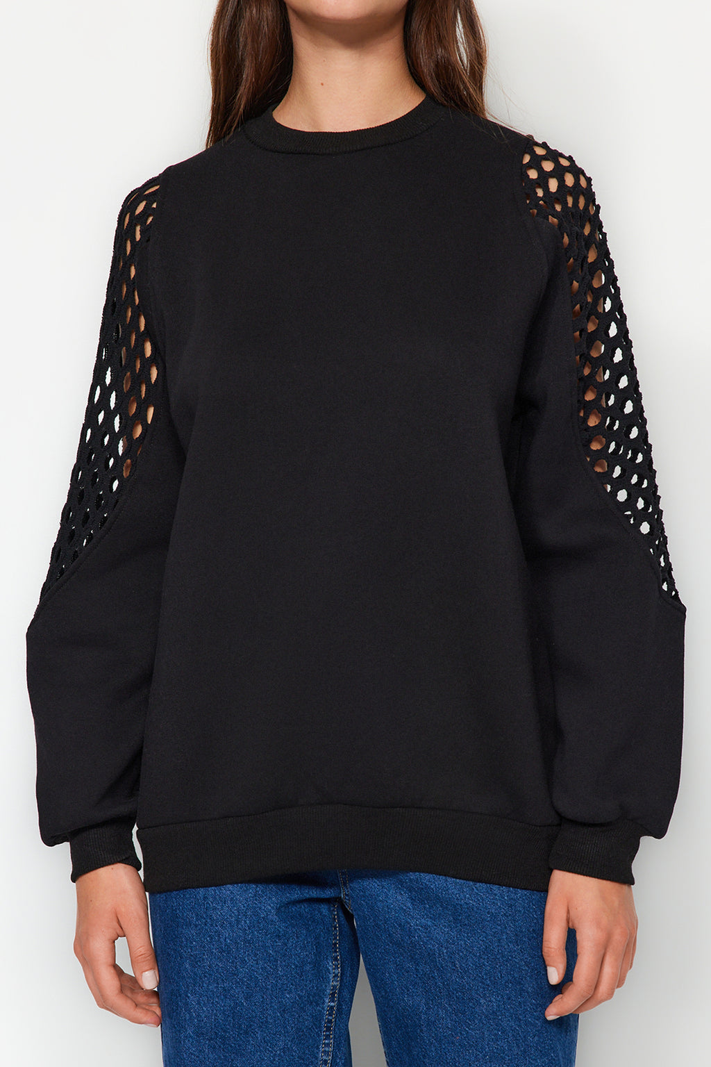 Siyah File Detaylı Kalın İçi Polarlı Regular/Normal Kalıp Örme Sweatshirt TWOAW24SW00134