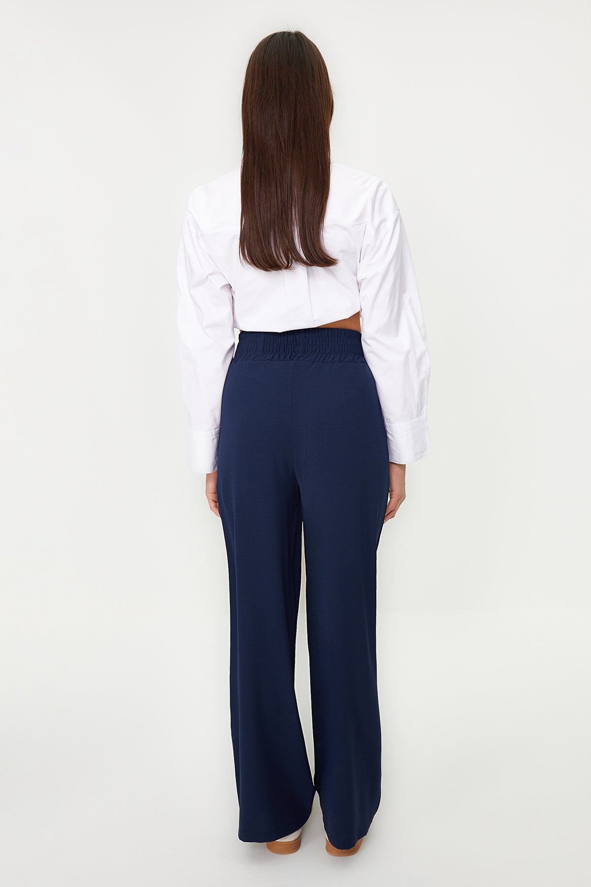 Trendyolmilla Lacivert Wide Leg/Geniş Paça Beli Lastikli Dokuma Pantolon TWOSS22PL00024