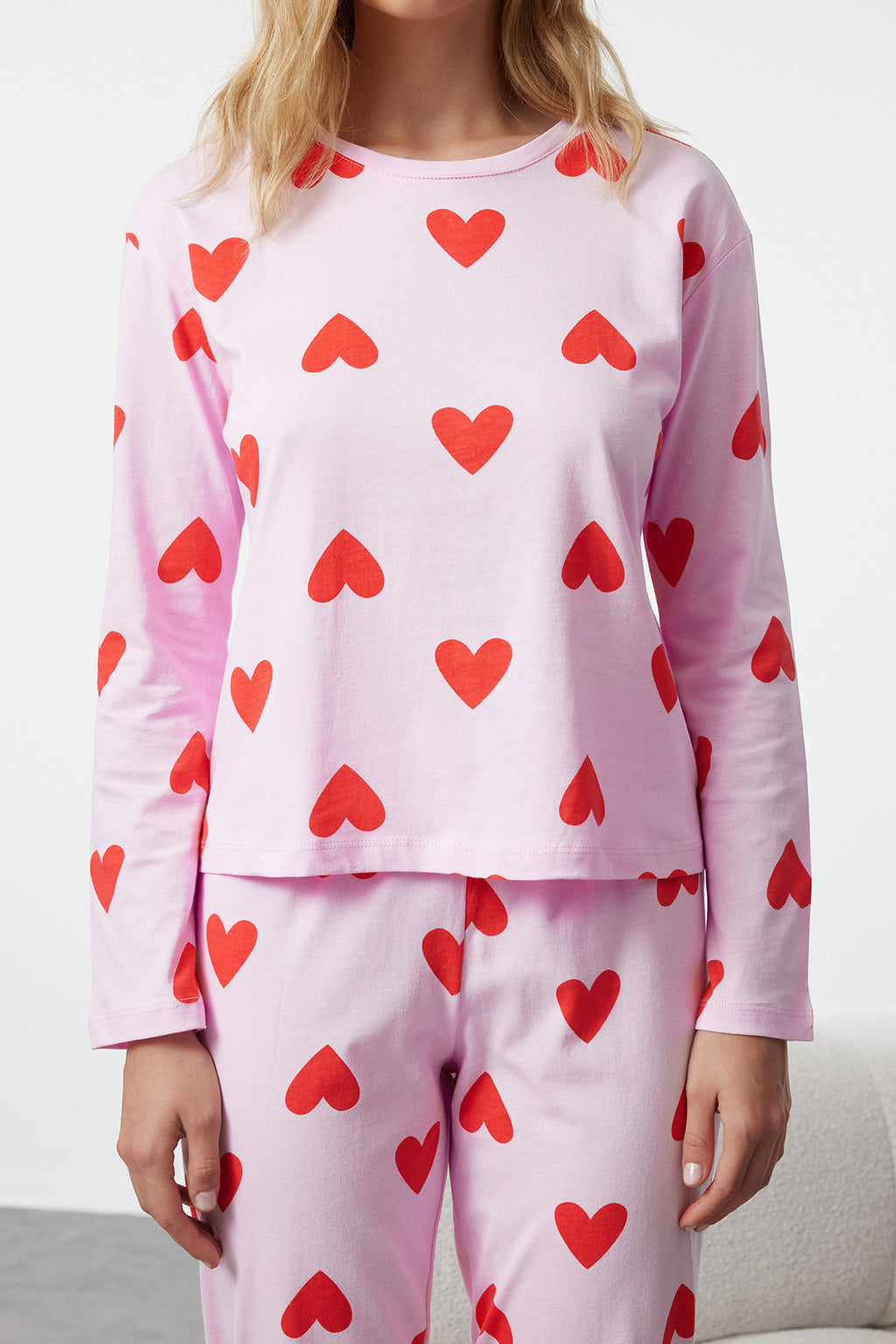 Trendyolmilla Kadın Mini Me/Anne Kız Pembe %100 Pamuklu Kalpli Örme Pijama Takımı THMAW21PT0566