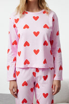Trendyolmilla Kadın Mini Me/Anne Kız Pembe %100 Pamuklu Kalpli Örme Pijama Takımı THMAW21PT0566