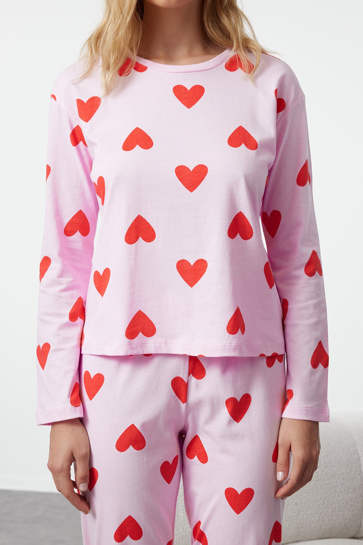 Trendyolmilla Kadın Mini Me/Anne Kız Pembe %100 Pamuklu Kalpli Örme Pijama Takımı THMAW21PT0566