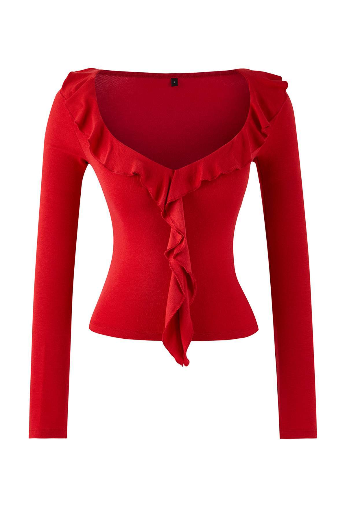 Trendyolmilla Siyah Fırfırlı Fitted/Vücuda Oturan Örme Bluz TWOAW26BZ00287