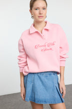 Trendyolmilla Sarı Gömlek Yaka Nakışlı Regular Fit Kalın İçi Polarlı Örme Sweatshirt TWOAW24SW00182