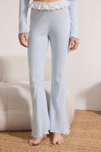 Açık Mavi %100 Pamuk Dantel Detaylı Fitilli/Pointel Örme Pijama Takımı THMSS26PT00016