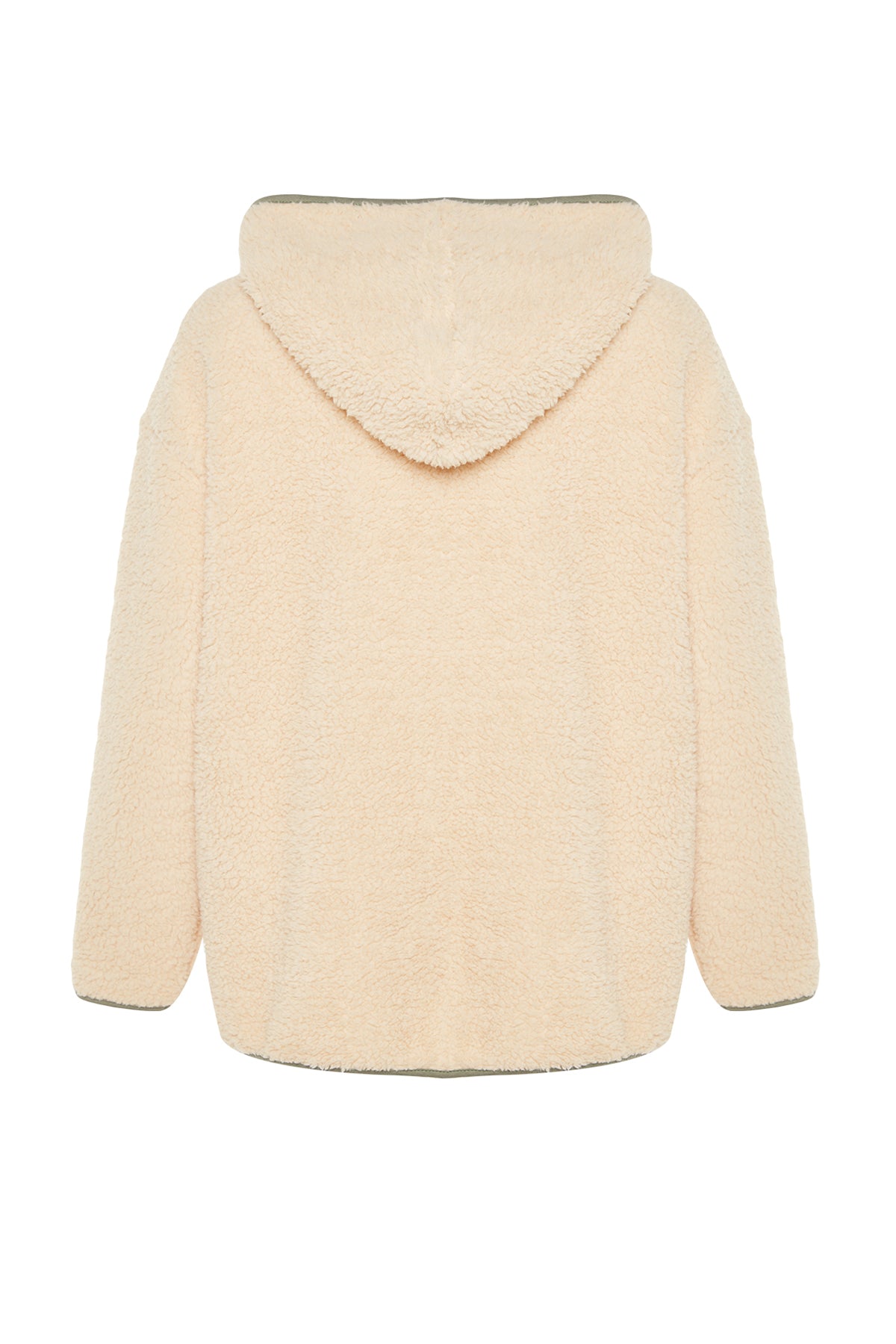 Ekru Kalın Polar Kontrast Biyeli Kapüşonlu Relaxed/Rahat Kalıp Örme Sweatshirt TWOAW24SW00021